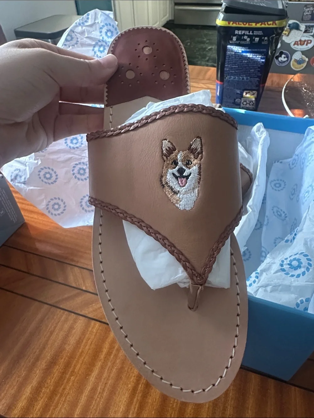 Jack Rogers Tan Leather Corgi Embroidered Thong Sandals